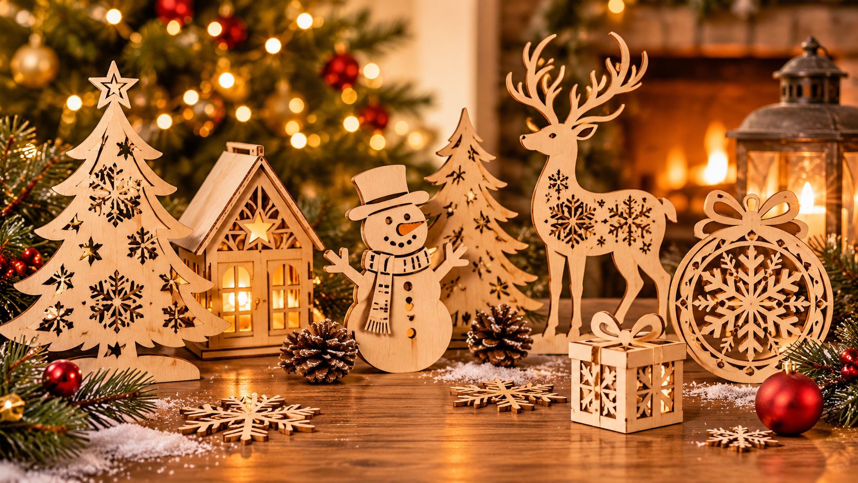 Laser cut wooden Christmas decorations: tree, house, snowman, reindeer and ornaments